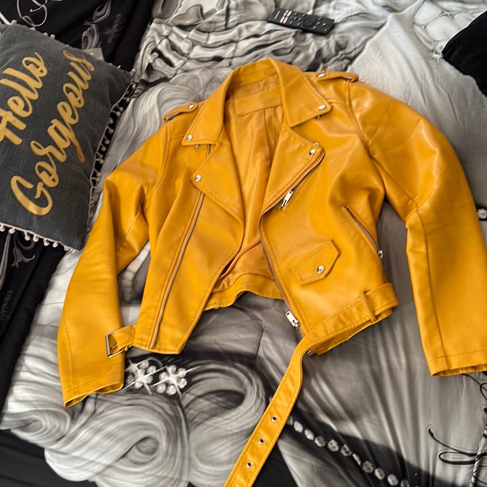 Mustard yellow leather like coat (it is not real leather coat)